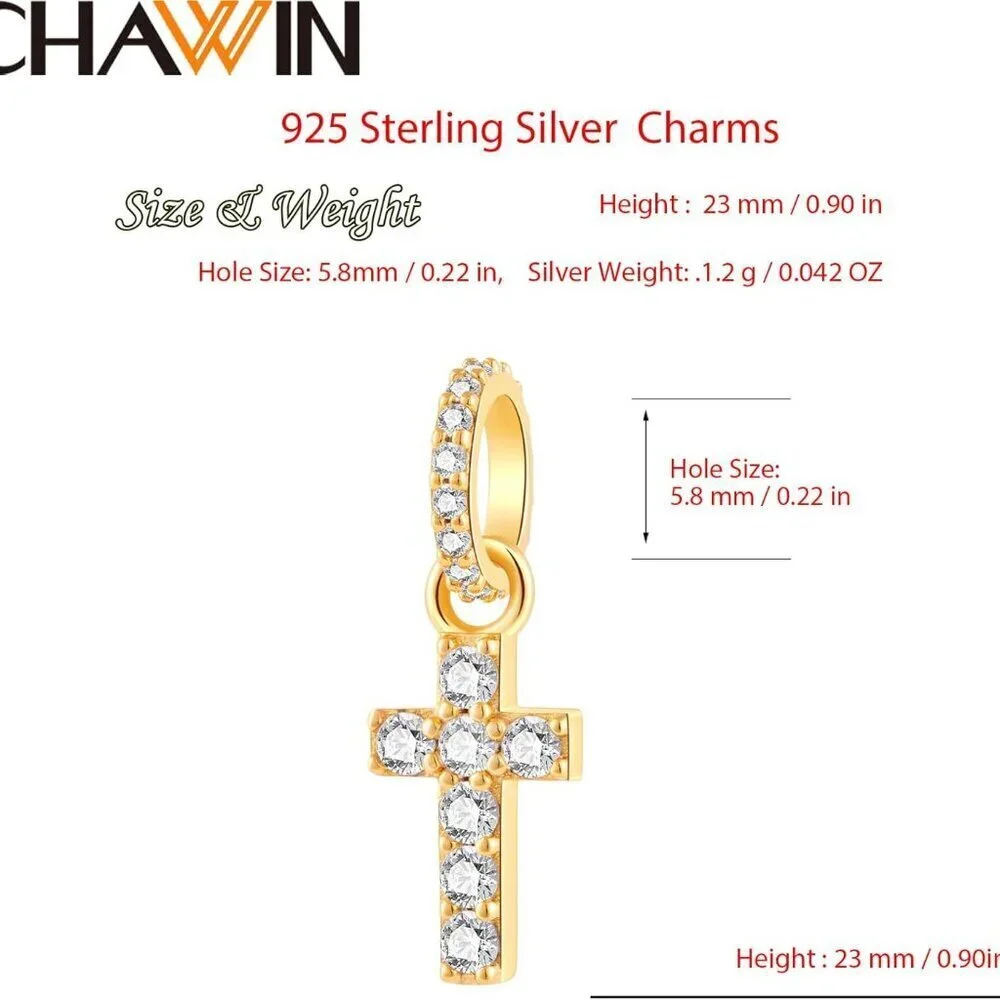 Sterling Silver Cross Charm with Cubic Zirconia for Pandora Bracelets - Picture 2 of 4